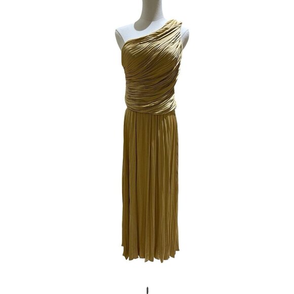 Joie Gold Set Pleated Midi Skirt + One Shoulder Smocked Top Sz M NWT - Picture 2 of 15